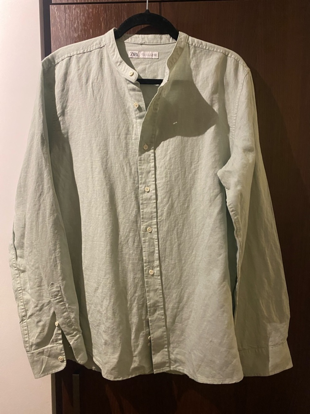 Zara Pale Sage Green Mandarin-Collar Linen Shirt